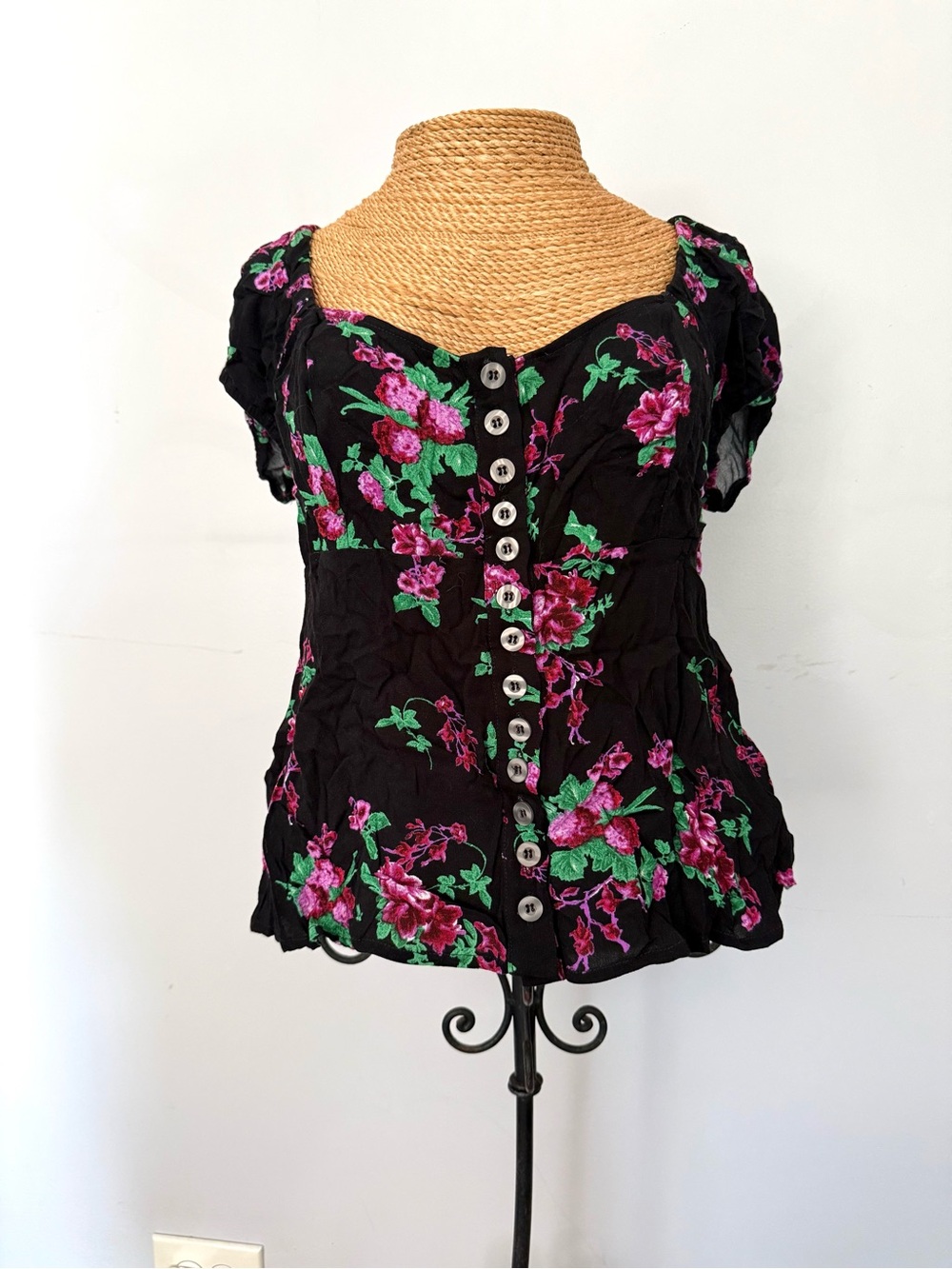 Free People Black Button-Front Top with Pink Floral Design